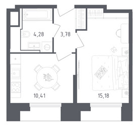 Планировка однокомнатной(апартаменты) площадью 33.65 квадратных метров в ЖК “ЖК Скай Спутник”