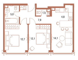 Планировка двухкомнатной(квартира) площадью 58 квадратных метров в ЖК “ЖК Симфония 34”