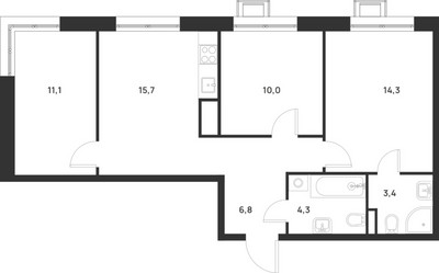 Планировка трехкомнатной(квартира) площадью 65.6 квадратных метров в ЖК “ЖК Форевиль”