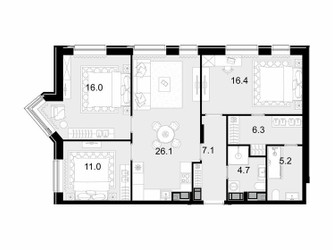 Планировка трехкомнатной(квартира) площадью 94.5 квадратных метров в ЖК “ЖК Трилогия Кристалл”
