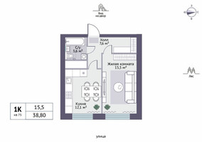 Планировка однокомнатной(квартира) площадью 38.8 квадратных метров в “ЖК Новое Замитино (ЗаМитино)”