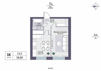 Планировка однокомнатной(квартира) площадью 38.8 квадратных метров в ЖК “ЖК Новое Замитино (ЗаМитино)”