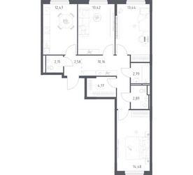 Планировка трехкомнатной(квартира) площадью 78.55 квадратных метров в ЖК “ЖК Мытищи Парк”