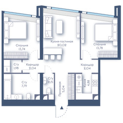 Планировка двухкомнатной(квартира) площадью 73.7 квадратных метров в ЖК “ЖК Дом Дау”