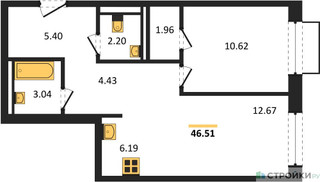 Планировка однокомнатной(квартира) площадью 46.51 квадратных метров в “ЖК Новое Внуково”