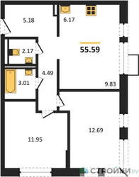 Планировка двухкомнатной(квартира) площадью 55.59 квадратных метров в ЖК “ЖК Егорово Парк”