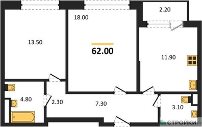 Планировка двухкомнатной(квартира) площадью 62 квадратных метров в ЖК “Квартал Филатов луг”