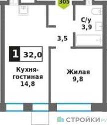 Планировка однокомнатной(квартира) площадью 32 квадратных метров в ЖК “ЖК Никольский квартал Отрада”