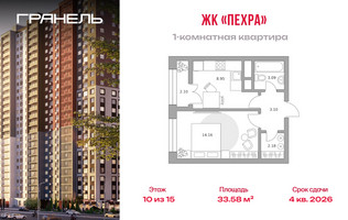 Планировка однокомнатной(квартира) площадью 33.58 квадратных метров в “ЖК Пехра”