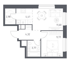 Планировка однокомнатной(квартира) площадью 36.85 квадратных метров в ЖК “ЖК Верейская 41”