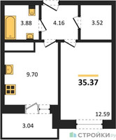 Планировка однокомнатной(квартира) площадью 35.37 квадратных метров в “ЖК ВОСТОК II”