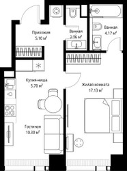 Планировка однокомнатной(квартира) площадью 44.76 квадратных метров в ЖК “ЖК Веер”