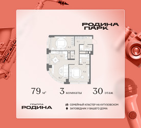 Планировка трехкомнатной(квартира) площадью 79 квадратных метров в ЖК “ЖК Родина Парк”