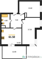 Планировка двухкомнатной(квартира) площадью 61.5 квадратных метров в ЖК “Павлово 3”