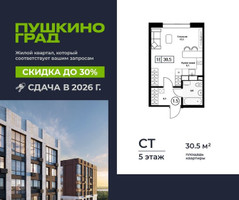 Планировка студии(квартира) площадью 30.5 квадратных метров в “ЖК Пушкино Град”