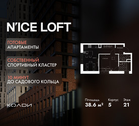 Планировка однокомнатной(апартаменты) площадью 38.6 квадратных метров в ЖК “ЖК N’ICE LOFT (Найс Лофт)”