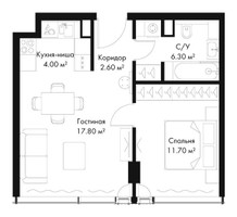 Планировка однокомнатной(квартира) площадью 42.4 квадратных метров в “ЖК Слава”