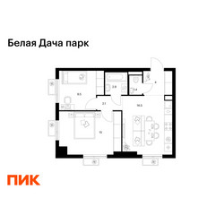 Планировка двухкомнатной(квартира) площадью 51.4 квадратных метров в ЖК “ЖК Белая Дача парк”