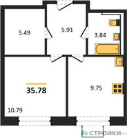 Планировка однокомнатной(квартира) площадью 35.78 квадратных метров в “ЖК Новое Видное”