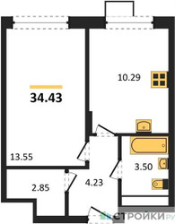 Планировка однокомнатной(квартира) площадью 34.7 квадратных метров в ЖК “ЖК Новоград Павлино”