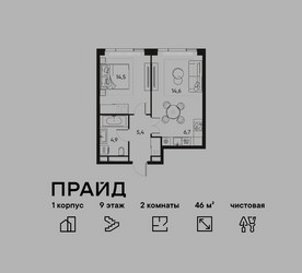 Планировка двухкомнатной(квартира) площадью 46 квадратных метров в ЖК “ЖК PRIDE (Прайд)”