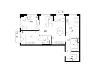 Планировка трехкомнатной(квартира) площадью 88.1 квадратных метров в ЖК “Бунинская набережная”