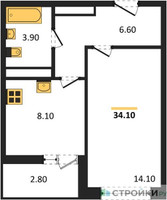 Планировка однокомнатной(квартира) площадью 34.1 квадратных метров в “ЖК Легенда Коренёво”