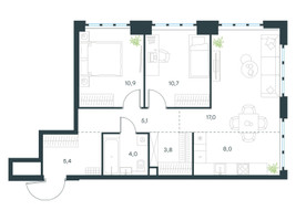 Планировка трехкомнатной(квартира) площадью 64.9 квадратных метров в “ЖК Левел Южнопортовая”