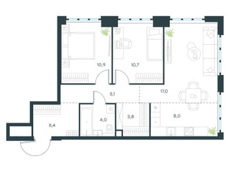 Планировка трехкомнатной(квартира) площадью 64.9 квадратных метров в ЖК “ЖК Левел Южнопортовая”