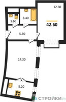 Планировка двухкомнатной(квартира) площадью 42.6 квадратных метров в “ЖК Римский”