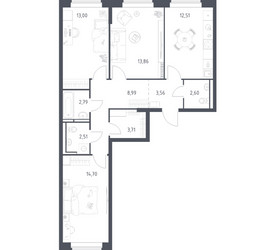 Планировка трехкомнатной(квартира) площадью 78.23 квадратных метров в ЖК “ЖК Новое Видное”