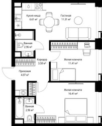 Планировка двухкомнатной(квартира) площадью 59.31 квадратных метров в ЖК “ЖК Веер”