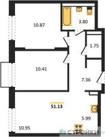 Планировка двухкомнатной(квартира) площадью 51.13 квадратных метров в “ЖК Квартал Строгино”
