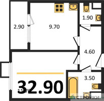 Планировка однокомнатной(квартира) площадью 32.9 квадратных метров в “ЖК ЮЖНАЯ БИТЦА”