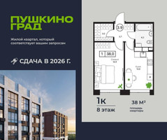Планировка однокомнатной(квартира) площадью 38 квадратных метров в “ЖК Пушкино Град”