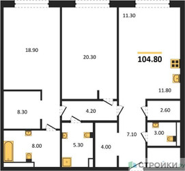 Планировка двухкомнатной(квартира) площадью 105.8 квадратных метров в ЖК “Роскошный квартал Life Time”
