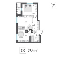 Планировка двухкомнатной(квартира) площадью 59.4 квадратных метров в “ЖК Зеленоград Ривьера”