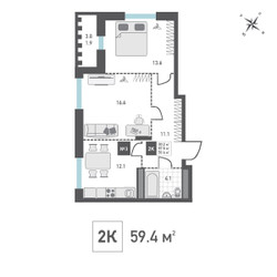 Планировка двухкомнатной(квартира) площадью 59.4 квадратных метров в ЖК “ЖК Зеленоград Ривьера”
