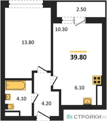 Планировка однокомнатной(квартира) площадью 39.8 квадратных метров в ЖК “ЖК Дзен-кварталы”