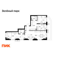 Планировка трехкомнатной(квартира) площадью 90.5 квадратных метров в “ЖК Зеленый парк”