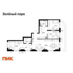 Планировка трехкомнатной(квартира) площадью 90.5 квадратных метров в ЖК “ЖК Зеленый парк”