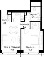 Планировка однокомнатной(квартира) площадью 45 квадратных метров в “ЖК Сити Бэй”