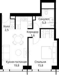 Планировка однокомнатной(квартира) площадью 45 квадратных метров в ЖК “ЖК Сити Бэй”