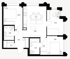 Планировка трехкомнатной(квартира) площадью 69.7 квадратных метров в “ЖК Бусиновский парк”