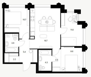 Планировка трехкомнатной(квартира) площадью 69.7 квадратных метров в ЖК “ЖК Бусиновский парк”