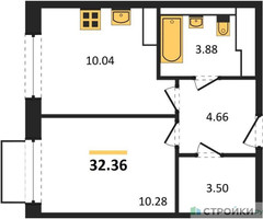 Планировка однокомнатной(квартира) площадью 32.36 квадратных метров в “ЖК Томилино Парк”