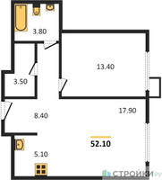 Планировка однокомнатной(апартаменты) площадью 52.1 квадратных метров в “ЖК Верейская 41”