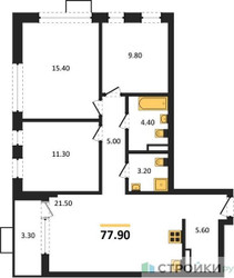 Планировка трехкомнатной(квартира) площадью 77.9 квадратных метров в ЖК “ЖК Прокшино”