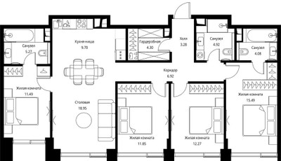 Планировка 4+ комнатной(квартира) площадью 108.52 квадратных метров в ЖК “ЖК Сити Бэй”