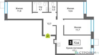 Планировка трехкомнатной(квартира) площадью 72.6 квадратных метров в ЖК “ЖК Никольский квартал Отрада”